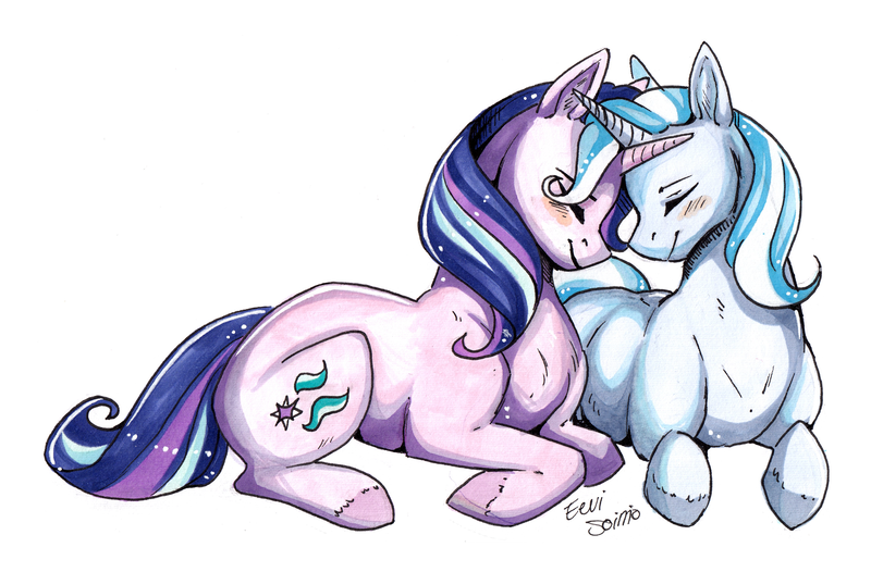 Size: 3800x2500 | Tagged: safe, artist:eeviart, derpibooru import, starlight glimmer, trixie, pony, unicorn, duo, eyes closed, female, lesbian, mare, nuzzling, prone, shipping, simple background, smiling, startrix, white background