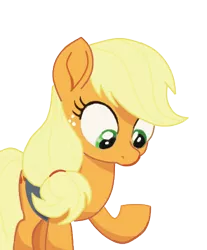 Size: 295x357 | Tagged: safe, derpibooru import, edit, edited screencap, screencap, applejack, earth pony, pony, my little pony: the movie, background removed, cute, female, freckles, hatless, jackabetes, looking at something, looking down, mare, missing accessory, raised hoof, silly, silly pony, simple background, solo, transparent background