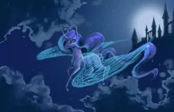 Size: 2657x1716 | Tagged: safe, artist:kimsteinandother, derpibooru import, princess luna, pony, canterlot, curved horn, female, flying, glowing wings, mare, missing cutie mark, moon, night, solo