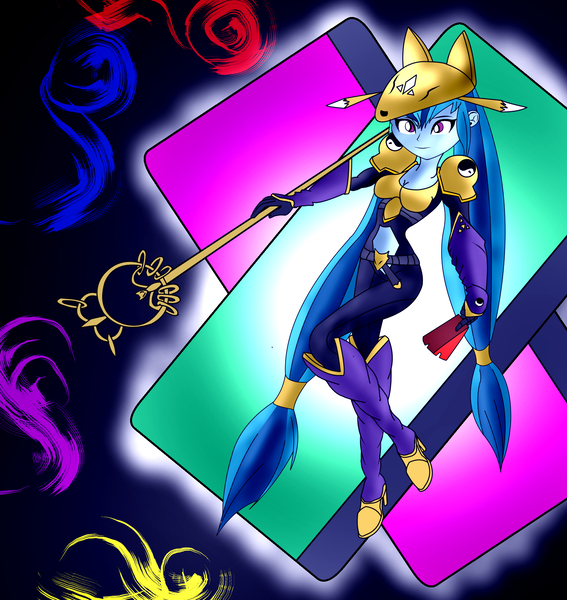 Size: 1700x1800 | Tagged: safe, artist:foxgar, artist:foxgearstudios, derpibooru import, sonata dusk, equestria girls, abstract background, breasts, busty sonata dusk, clothes, crossover, digimon, female, fusion, image, jpeg, sakuyamon, smiling, solo, trident