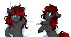 Size: 1023x529 | Tagged: safe, artist:twisted-sketch, derpibooru import, oc, earth pony, pony, bed, blue eyes, blushing, body pillow, body pillow design, cropcon, cropped, hooves behind head, hooves together, male, on back, on bed, prone, simple background, solo, stallion, unshorn fetlocks, watermark, white background