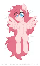 Size: 3480x5729 | Tagged: safe, artist:superanina, derpibooru import, oc, pegasus, pony, bed, blue eyes, blushing, body pillow, body pillow design, digital art, female, hooves, hooves to the chest, lightly watermarked, long mane, long tail, looking at you, lying down, mare, on back, on bed, simple background, solo, spread wings, url, watermark, white background, wings