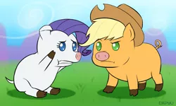 Size: 1000x600 | Tagged: applejack, applepig, artist:empyu, confused, cowboy hat, derpibooru import, duo, eye contact, female, frown, grass, gritted teeth, hat, lidded eyes, looking at each other, no pupils, pig, pigified, raised eyebrow, raripig, rarity, safe, sitting, species swap, stetson, :t, worried