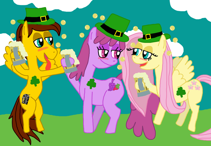 Size: 3204x2226 | Tagged: safe, artist:sb1991, derpibooru import, berry punch, berryshine, fluttershy, oc, oc:film reel, earth pony, pegasus, pony, alcohol, beer, bubble, clover, drunk, drunkershy, hat, holiday, saint patrick's day