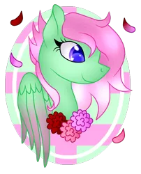 Size: 1632x2016 | Tagged: safe, artist:bluemoonbluepony, derpibooru import, oc, oc:strawberry, unofficial characters only, pegasus, pony, bust, colored wings, colored wingtips, female, flower, mare, portrait, simple background, solo, transparent background