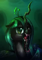 Size: 2480x3508 | Tagged: safe, artist:tony-retro, derpibooru import, queen chrysalis, changeling, antagonist, digital art, drool, solo, tongue out