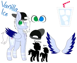 Size: 1024x830 | Tagged: safe, artist:tomboygirl45, derpibooru import, oc, oc:vanilla ice, pegasus, pony, backwards ballcap, baseball cap, bendy straw, cap, drinking straw, hat, heterochromia, male, reference sheet, simple background, soda, solo, stallion, straw, transparent background, two toned wings