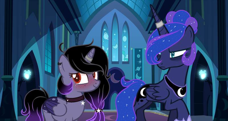 Size: 1906x1014 | Tagged: safe, artist:themisslittledevil, derpibooru import, princess luna, oc, oc:midnight dreams, alicorn, pony, bags under eyes, female, horn ring, mare, mother and daughter, offspring, parent:king sombra, parent:princess luna, parents:lumbra