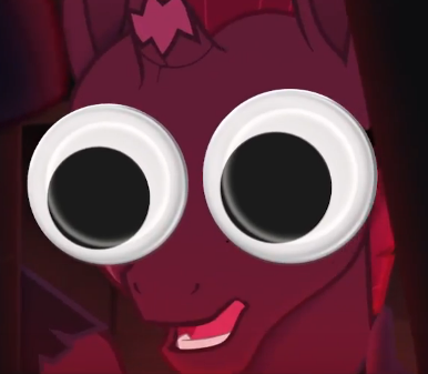 Size: 386x337 | Tagged: broken horn, cropped, derpibooru import, edit, edited screencap, fizzlepop berrytwist, googly eyes, meme, my little pony: the movie, open mouth, open up your eyes, open up your *very* eyes, safe, screencap, solo, special eyes, tempest shadow