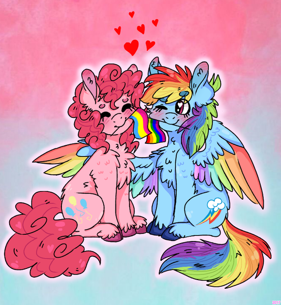 Size: 708x768 | Tagged: safe, artist:wanderingpegasus, derpibooru import, pinkie pie, rainbow dash, earth pony, pegasus, pony, colored wings, duo, female, flag, gay pride, gay pride flag, lesbian, mare, mouth hold, multicolored wings, pansexual, pansexual pride flag, pinkiedash, pride, rainbow wings, shipping