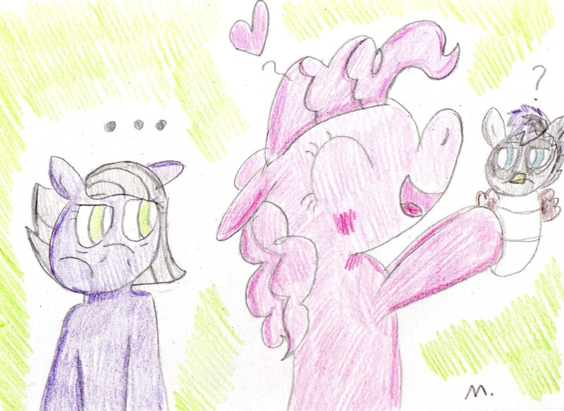 Size: 1970x1437 | Tagged: safe, artist:ptitemouette, derpibooru import, limestone pie, pinkie pie, oc, oc:rock skull, earth pony, pony, ..., bags under eyes, blushing, eyes closed, female, floating heart, floppy ears, heart, magical lesbian spawn, mare, offspring, parent:gilda, parent:limestone pie, parents:gildastone, question mark, smiling