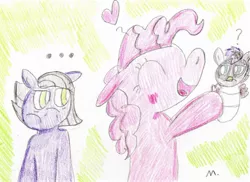 Size: 1970x1437 | Tagged: safe, artist:ptitemouette, derpibooru import, limestone pie, pinkie pie, oc, oc:rock skull, earth pony, pony, ..., bags under eyes, blushing, eyes closed, female, floating heart, floppy ears, heart, magical lesbian spawn, mare, offspring, parent:gilda, parent:limestone pie, parents:gildastone, question mark, smiling