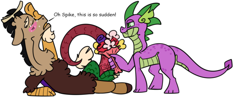 Size: 1654x699 | Tagged: artist:spuds-mcfrenzy, blushing, bouquet, derpibooru import, discord, dispike, draconequus, dragon, flower, gay, male, older, safe, shipping, simple background, speech, spike, transparent background