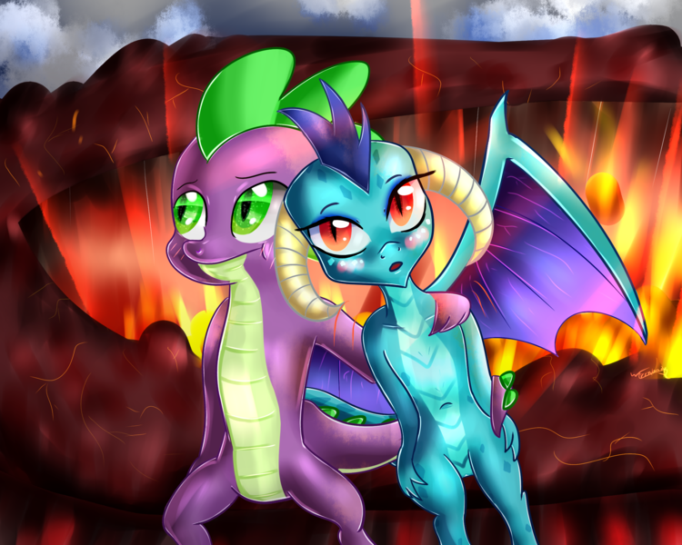 Size: 2500x2000 | Tagged: artist:katakiuchi4u, blushing, derpibooru import, dragon, emberspike, female, lava, male, older, older spike, princess ember, safe, shipping, spike, straight