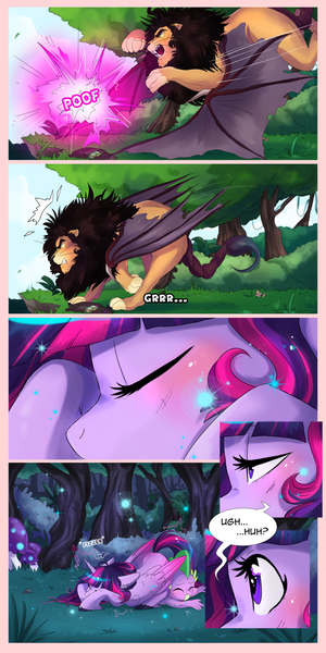 Size: 1024x2048 | Tagged: safe, artist:wilvarin-liadon, derpibooru import, spike, twilight sparkle, twilight sparkle (alicorn), alicorn, dragon, manticore, pony, comic:the curse of the elements, backpack, claws, comic, dazed, everfree forest, fangs, food, magic, mushroom, sandwich, speech bubble, teleportation, wings