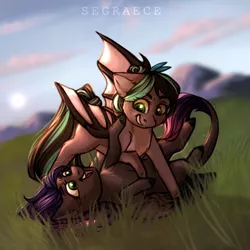 Size: 1024x1024 | Tagged: safe, artist:segraece, derpibooru import, oc, oc:cocoa dot, oc:evening howler, unofficial characters only, bat pony, pegasus, pony, bat pony oc, chest fluff, commission, duo, female, field, grass, leonine tail, looking at each other, mare, mountain, playing, scenery, smiling