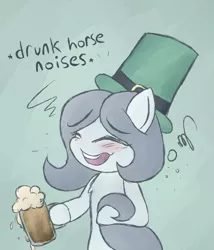 Size: 1200x1400 | Tagged: safe, artist:drabbella, derpibooru import, oc, oc:hattsy, unofficial characters only, earth pony, pony, alcohol, beer, bipedal, blue background, blushing, chest fluff, descriptive noise, drunk, eyes closed, female, hat, holiday, hoof hold, horse noises, mare, mug, open mouth, saint patrick's day, simple background, smiling, solo, top hat