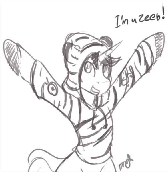 Size: 631x644 | Tagged: safe, artist:dragk, derpibooru import, oc, oc:dragk, unofficial characters only, pony, unicorn, animal print clothing, bipedal, clothes, colored hooves, femboy, hoodie, looking at you, male, sketch, smiling, solo, speech, stripes, zebra hoodie, zebra print, zeeb