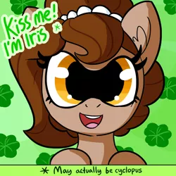 Size: 3000x3000 | Tagged: safe, artist:dsp2003, artist:tjpones, derpibooru import, edit, cyclops pony, oc, oc:brownie bun, cyclops, earth pony, pony, horse wife, abstract background, bust, clover, dialogue, ear fluff, female, four leaf clover, holiday, kiss me i'm irish, looking at you, mare, open mouth, pun, saint patrick's day, solo, sonic dreams, text, text edit, wat