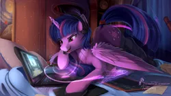 Size: 1920x1080 | Tagged: safe, artist:discordthege, derpibooru import, twilight sparkle, twilight sparkle (alicorn), alicorn, pony, bed, bedroom, chalkboard, clothes, computer, female, hologram, horn, jet, jet fighter, kerbal space program, laptop computer, magic, mare, pillow, smiling, socks, solo, thigh highs, video game, wallpaper, wings