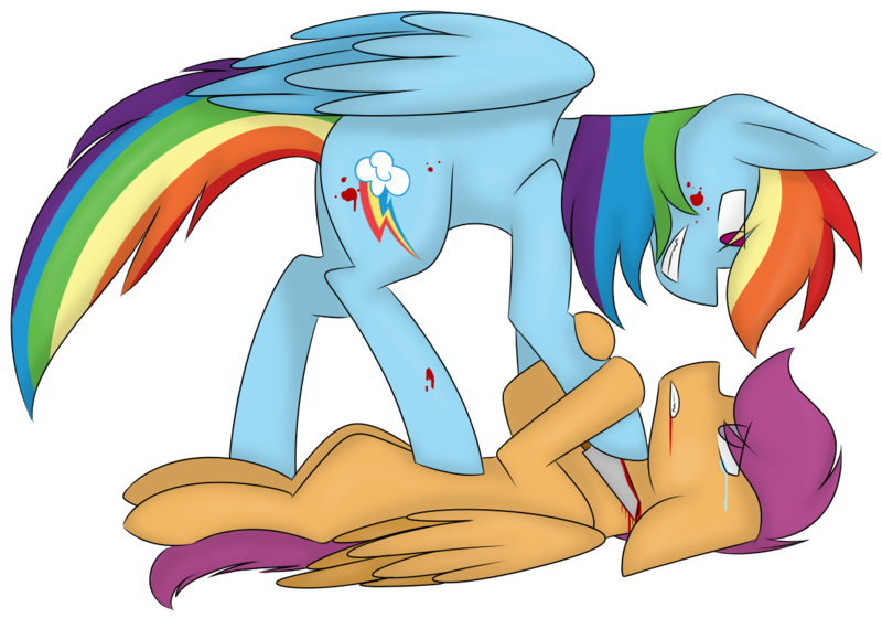 Size: 1182x828 | Tagged: grimdark, artist:yourbestnightmaree, derpibooru import, rainbow dash, scootaloo, pegasus, pony, fanfic:rainbow factory, abuse, backwards cutie mark, blood, crying, female, imminent death, knife, mare, on back, rainbow factory dash, scootabuse, slit throat