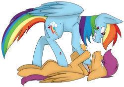 Size: 1182x828 | Tagged: grimdark, artist:yourbestnightmaree, derpibooru import, rainbow dash, scootaloo, pegasus, pony, fanfic:rainbow factory, abuse, backwards cutie mark, blood, crying, female, imminent death, knife, mare, on back, rainbow factory dash, scootabuse, slit throat