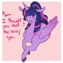 Size: 500x500 | Tagged: safe, artist:the-love-bug-queen, derpibooru import, twilight sparkle, twilight sparkle (alicorn), oc, oc:love bug, alicorn, changeling, pony, alternate hairstyle, blushing, both cutie marks, dialogue, fangs, female, floppy ears, mare, open mouth, prone, solo, tail wrap