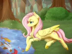 Size: 1600x1200 | Tagged: safe, artist:nightirisart, derpibooru import, fluttershy, fish, pegasus, pony, crepuscular rays, female, folded wings, forest, grass, looking at something, looking down, mare, pond, profile, prone, solo, swimming, tail feathers, tree, water