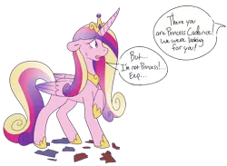 Size: 1937x1419 | Tagged: safe, artist:kipaki, derpibooru import, princess cadance, alicorn, pony, clothes, female, horn, human to pony, jewelry, male to female, raised hoof, regalia, rule 63, simple background, solo, speech bubble, sweat, torn clothes, transformation, transformed, transgender transformation, transparent background, wings, worried