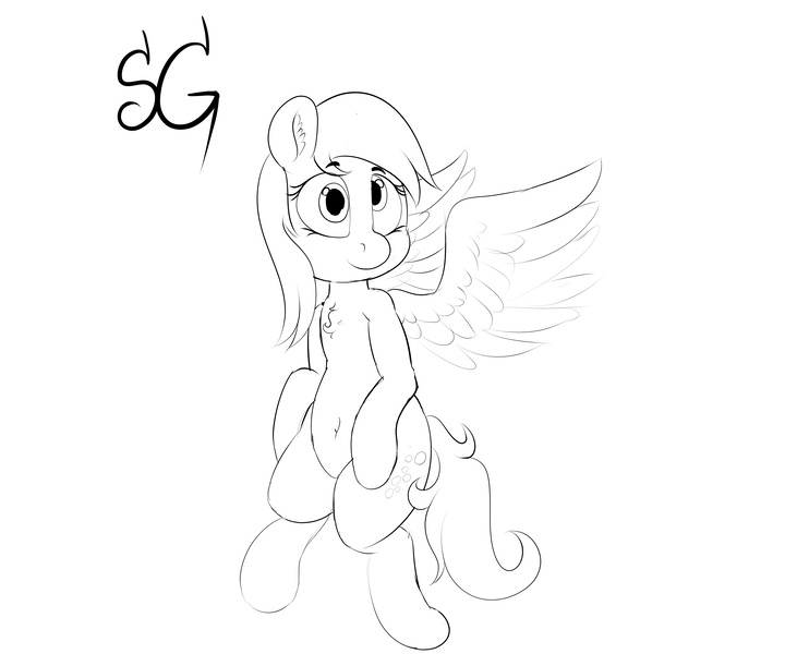 Size: 6000x5000 | Tagged: safe, artist:sunlightgryphon, derpibooru import, derpy hooves, pegasus, pony, absurd resolution, belly button, chest fluff, ear fluff, flying, monochrome