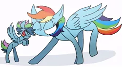 Size: 789x438 | Tagged: safe, artist:kabukipie, derpibooru import, rainbow dash, oc, oc:daring streak, pegasus, pony, colt, female, magical lesbian spawn, male, mother and son, next generation, offspring, parent:rainbow dash, parent:twilight sparkle, parents:twidash, simple background, white background