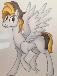 Size: 556x736 | Tagged: safe, derpibooru import, oc, oc:ban pinna, pegasus, pony, brown, colored pencil drawing, handsome, male, old art, paper, pen, smiling, stallion, traditional art, white, wings, yellow