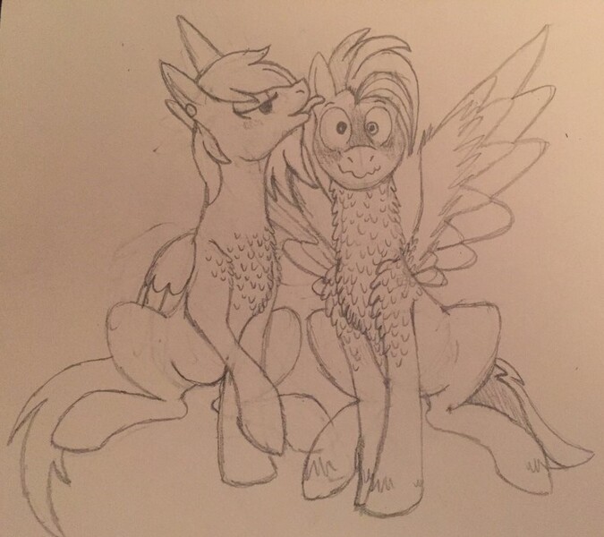 Size: 850x756 | Tagged: artist needed, suggestive, derpibooru import, oc, oc:ban pinna, oc:lilac sciath, pegasus, pony, boyfriend, coltfriend, ear licking, feather, female, fluffy, girlfriend, male, mare, marefriend, pencil drawing, sitting, spread wings, stallion, tongue fetish, traditional art, wingboner, wings