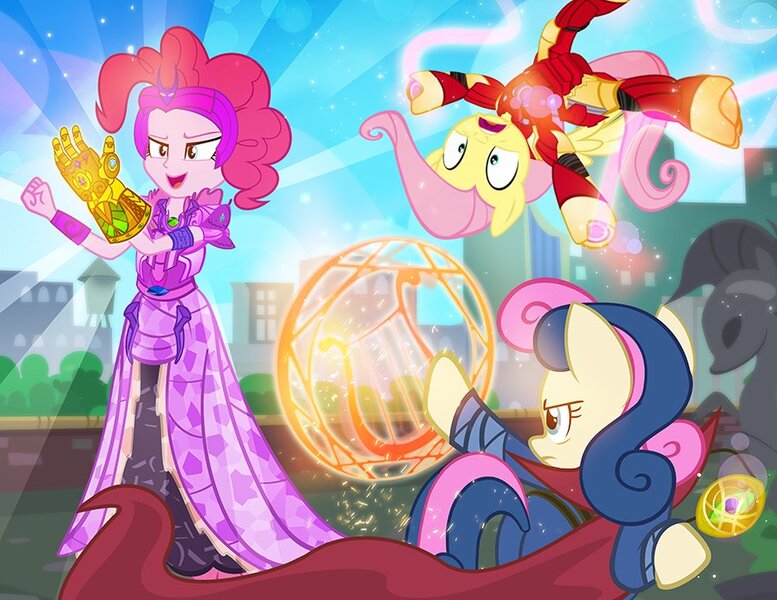 Size: 900x695 | Tagged: safe, artist:pixelkitties, derpibooru import, bon bon, fluttershy, pinkie pie, sweetie drops, earth pony, pegasus, pony, equestria girls, andrea libman, armor, avengers: infinity war, clothes, costume, doctor strange, element of generosity, element of honesty, element of laughter, element of loyalty, element of magic, elements of harmony, equestria is doomed, evil grin, eye of agamotto, female, grin, harmony gauntlet, implied lyra, infinity gauntlet, infinity gems, iron man, iron mare, lyre, magic, mare, marvel, marvel cinematic universe, marvel comics, parody, pixelkitties' brilliant autograph media artwork, smiling, statue, symbol, thanos, this will end in genocide, this will not end well, time stone, trio, voice actor joke, we are doomed, xk-class end-of-the-world scenario