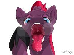 Size: 645x486 | Tagged: suggestive, artist:kingkrail, artist:ponythroat, derpibooru import, fizzlepop berrytwist, tempest shadow, my little pony: the movie, breath, drool, drool string, human teeth, maw, mawshot, open mouth, simple background, solo, tongue out, transparent background, uvula