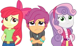 Size: 5603x3375 | Tagged: safe, artist:sketchmcreations, derpibooru import, apple bloom, scootaloo, sweetie belle, equestria girls, equestria girls series, happily ever after party, absurd resolution, arm behind back, crossed arms, cutie mark crusaders, frown, happily ever after party: rainbow dash, simple background, transparent background, vector, worried