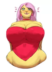 Size: 1241x1708 | Tagged: suggestive, artist:bimbo sparkles, derpibooru import, fluttershy, human, equestria girls, big breasts, bimbo, breasts, busty fluttershy, choker, curvy, ear piercing, earring, female, humanized, jewelry, low angle, piercing, plump, pony coloring, simple background, solo, solo female, white background