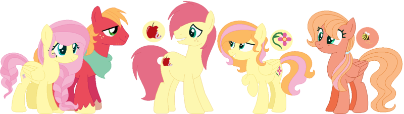 Size: 1543x437 | Tagged: safe, artist:joystick12, derpibooru import, big macintosh, fluttershy, oc, oc:honey bee, oc:sweet flower, earth pony, pegasus, pony, alternate hairstyle, base used, cutie mark, family, female, fluttermac, freckles, male, mare, neckerchief, offspring, parent:big macintosh, parent:fluttershy, parents:fluttermac, shipping, simple background, stallion, straight, white background