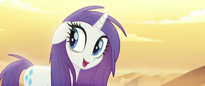 Size: 1920x804 | Tagged: safe, derpibooru import, screencap, rarity, pony, unicorn, my little pony: the movie, bags under eyes, bone dry desert, desert, happy, messy mane, solo, tired