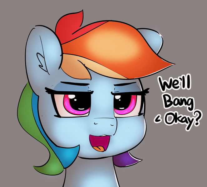 Size: 1280x1158 | Tagged: suggestive, artist:pabbley, derpibooru import, rainbow dash, pony, 30 minute art challenge, bust, commander shepard, dialogue, female, gamer poop, gray background, mans1ay3r, mass effect 3, open mouth, portrait, simple background, solo, solo female, we'll bang ok