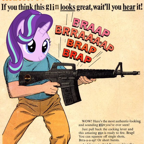 Size: 720x720 | Tagged: safe, derpibooru import, starlight glimmer, human, pony, unicorn, /mlp/, advertisement edit, brap, exploitable meme, female, glimmerposting, marauder m-16, mare, mattel, meme, toy, toy gun, wow! glimmer