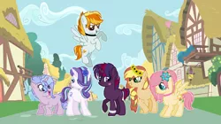 Size: 2200x1236 | Tagged: safe, artist:venomns, derpibooru import, oc, oc:butterscotch, oc:caramel, oc:cherry pie, oc:dusk, oc:flare, oc:orchid glow, unofficial characters only, earth pony, pegasus, pony, unicorn, floral head wreath, flower, flower in hair, magical lesbian spawn, offspring, parent:applejack, parent:fluttershy, parent:pinkie pie, parent:rainbow dash, parent:rarity, parent:spitfire, parent:starlight glimmer, parent:sunburst, parent:sunset shimmer, parent:tempest shadow, parent:trixie, parent:twilight sparkle, parents:appleshimmer, parents:flutterburst, parents:spitdash, parents:starity, parents:tempestlight, parents:trixiepie