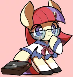 Size: 943x1004 | Tagged: safe, artist:ccc, derpibooru import, moondancer, pony, unicorn, briefcase, clothes, cute, dancerbetes, female, glasses, looking at you, mare, pink background, school uniform, simple background, skirt, solo