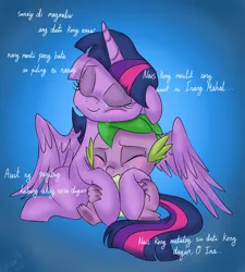 Size: 900x1000 | Tagged: safe, artist:emositecc, derpibooru import, spike, twilight sparkle, twilight sparkle (alicorn), alicorn, dragon, pony, crying, filipino, floppy ears, hug, mama twilight, tears of joy, translated in the description