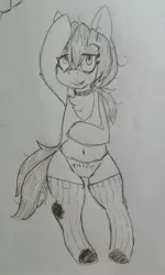 Size: 1815x3035 | Tagged: suggestive, artist:shpace, derpibooru import, oc, oc:floor bored, unofficial characters only, earth pony, pony, belly, bipedal, chest fluff, choker, clothes, female, grayscale, lipstick, mare, messy mane, monochrome, panties, raised hoof, socks, solo, tanktop, traditional art, underwear