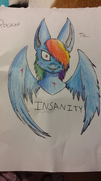 Size: 1024x1820 | Tagged: semi-grimdark, artist:darkwolfalpha908, derpibooru import, rainbow dash, pegasus, pony, fanfic, fanfic:rocket to insanity, blood, fanfic art, shrunken pupils, solo, traditional art