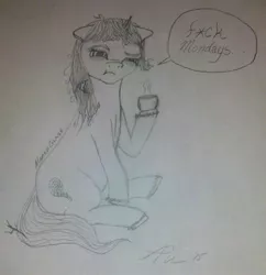 Size: 1452x1503 | Tagged: artist:apul, bird, censored vulgarity, coffee, derpibooru import, i hate mondays, messy mane, messy tail, oc, oc:maple glaze, safe, solo, traditional art, twig, unofficial characters only, unshorn fetlocks