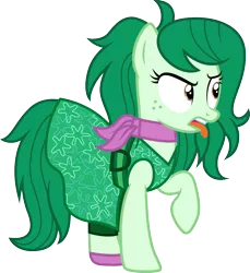 Size: 1000x1090 | Tagged: safe, artist:cloudyglow, derpibooru import, wallflower blush, ponified, pony, equestria girls series, forgotten friendship, clothes, clothes swap, cosplay, costume, crossover, disgust (inside out), disney, dress, equestria girls ponified, female, green, inside out, open mouth, pixar, simple background, solo, tongue out, transparent background, vector, vector trace
