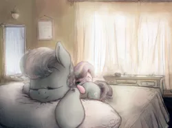 Size: 2500x1864 | Tagged: safe, artist:plotcore, derpibooru import, diamond tiara, silver spoon, earth pony, pony, bed, bedroom, curtains, cutie mark, dresser, duo, eyes closed, female, filly, indoors, morning, picture frame, pillow, prone, sleeping, window