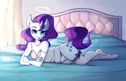 Size: 2000x1281 | Tagged: suggestive, artist:kira-minami, derpibooru import, rarity, anthro, unguligrade anthro, :p, adorasexy, bed, breasts, candy, cleavage, clothes, cute, ear fluff, female, food, garter, halo, horn, lingerie, lollipop, looking at you, lovely, midriff, rarara, raribetes, sexy, side knot underwear, silly, socks, solo, solo female, stockings, thigh highs, tongue out, underwear